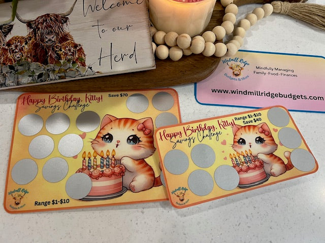 Happy Birthday, Kitty Orange Tabby Saving Scratch-Off Challenge for A5 and A6 Budget Binder
