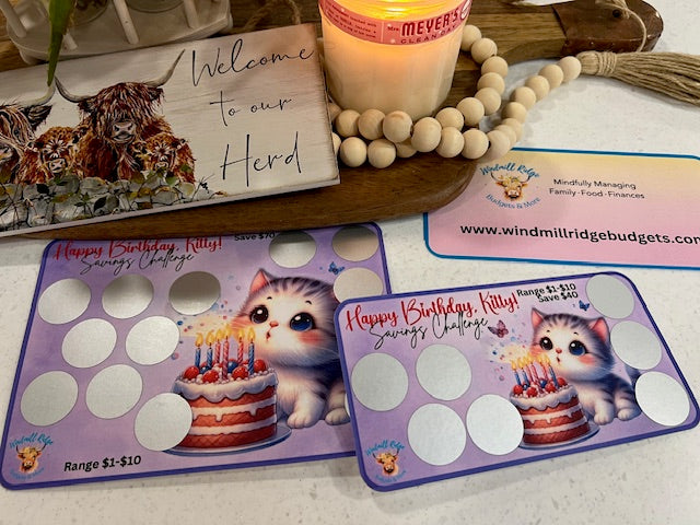 Happy Birthday, Kitty Gray Tabby Saving Scratch-Off Challenge for A5 and A6 Budget Binder - Digital Download
