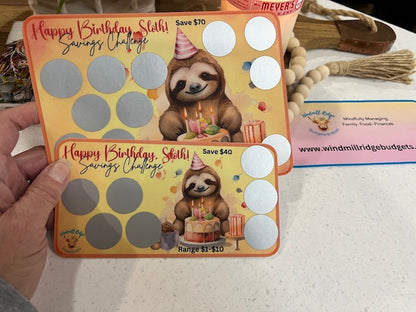 Happy Birthday Sloth Saving Scratch-Off Challenge for A5 and A6 Budget Binder, Bundle of 2