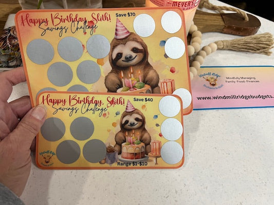 Happy Birthday Sloth Saving Scratch-Off Challenge for A5 and A6 Budget Binder - Digital Download