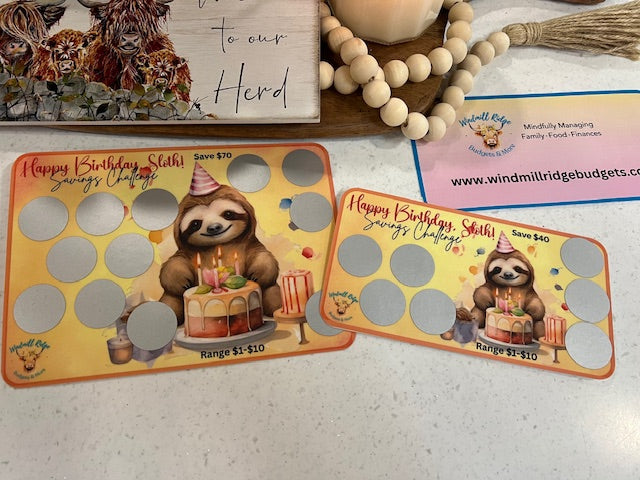 Happy Birthday Sloth Saving Scratch-Off Challenge for A5 and A6 Budget Binder, Bundle of 2