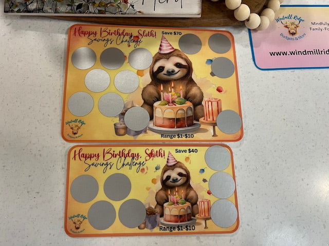 Happy Birthday Sloth Saving Scratch-Off Challenge for A5 and A6 Budget Binder, Bundle of 2