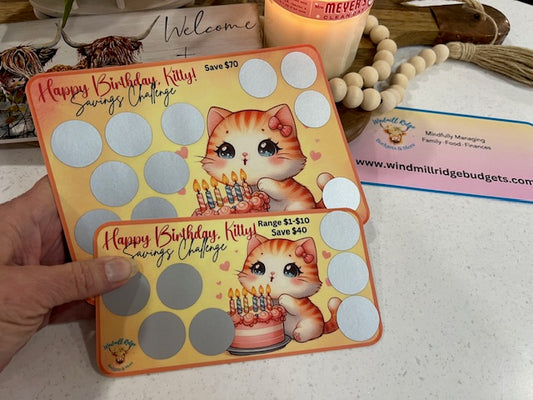 Happy Birthday, Kitty Orange Tabby Saving Scratch-Off Challenge for A5 and A6 Budget Binder