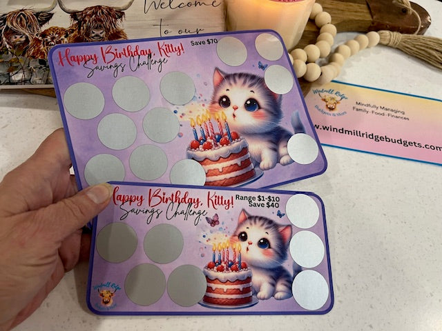 Happy Birthday, Kitty Gray Tabby Saving Scratch-Off Challenge for A5 and A6 Budget Binder