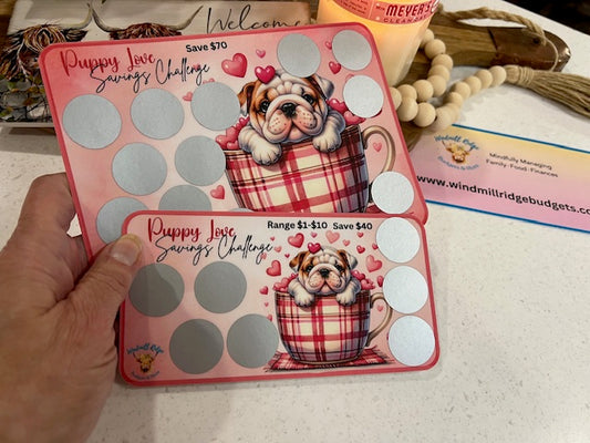 Puppy Love Bulldog Saving Scratch-Off Challenge for A5 and A6 Budget Binder